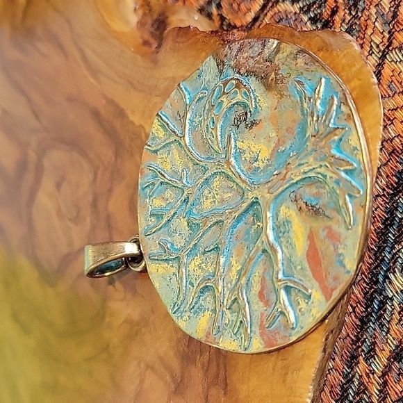 Pale Golden & Teal Colored Tree Of Life And Moon  Bigger Pendant - Picture 3 of 7